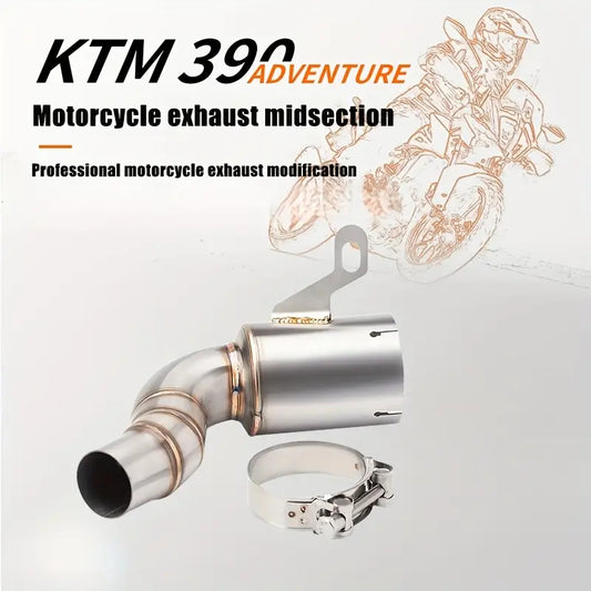 KTM 390 Adventure Stainless Steel Exhaust Midsection - No Drums Design, Professional Motorcycle Exhaust Modification for Original Factory End, Off-Road Motorcycle Upgrade|Sleek Metallic Finish|Durable Construction, Motorcycle Accessories