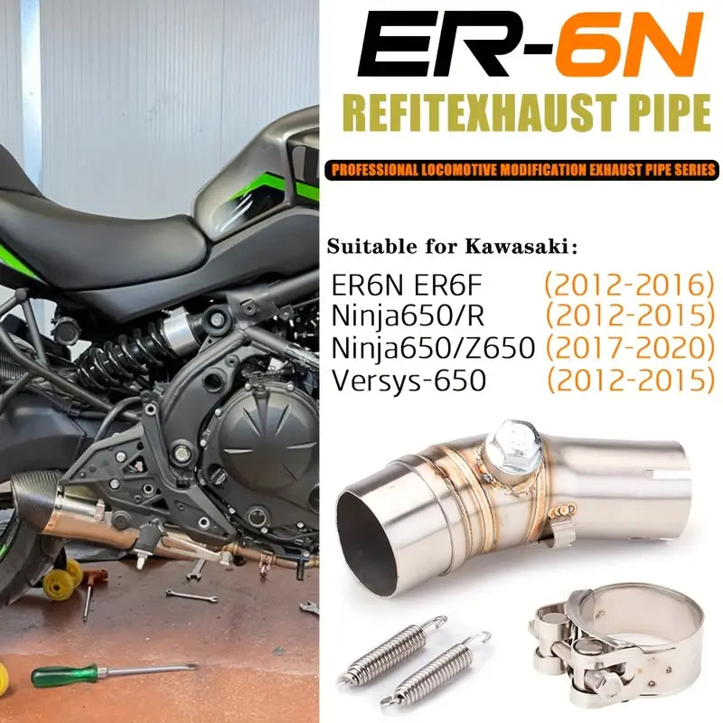 Stainless Steel Motorcycle Mid-Pipe, Compatible with Kawasaki ER6F, ER6N, Ninja 650, And Z650