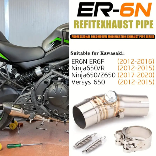 Stainless Steel Motorcycle Mid-Pipe, Compatible with Kawasaki ER6F, ER6N, Ninja 650, And Z650