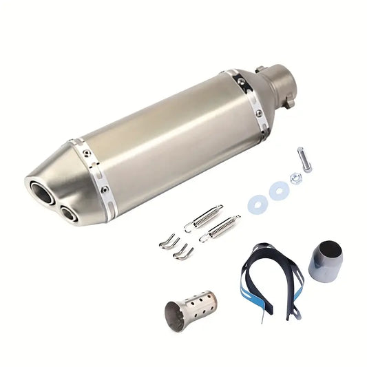 A Set of 51Mm Diameter Motorcycle Dual-Hole Exhaust Pipes, Equipped with a DB Killer, Suitable for Various Types of Motorcycles Including Street Sport Bikes, Street Touring Bikes, And All-Terrain Motorcycles.