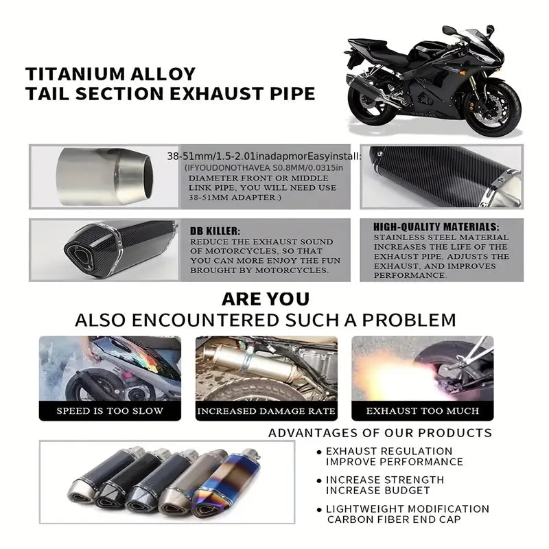 Stainless Steel Motorcycle Exhaust Pipe, 38-51mm Universal Fit, DB Killer Built-in, Compatible with Street Motor Scooters, Off-Road Motorcycles